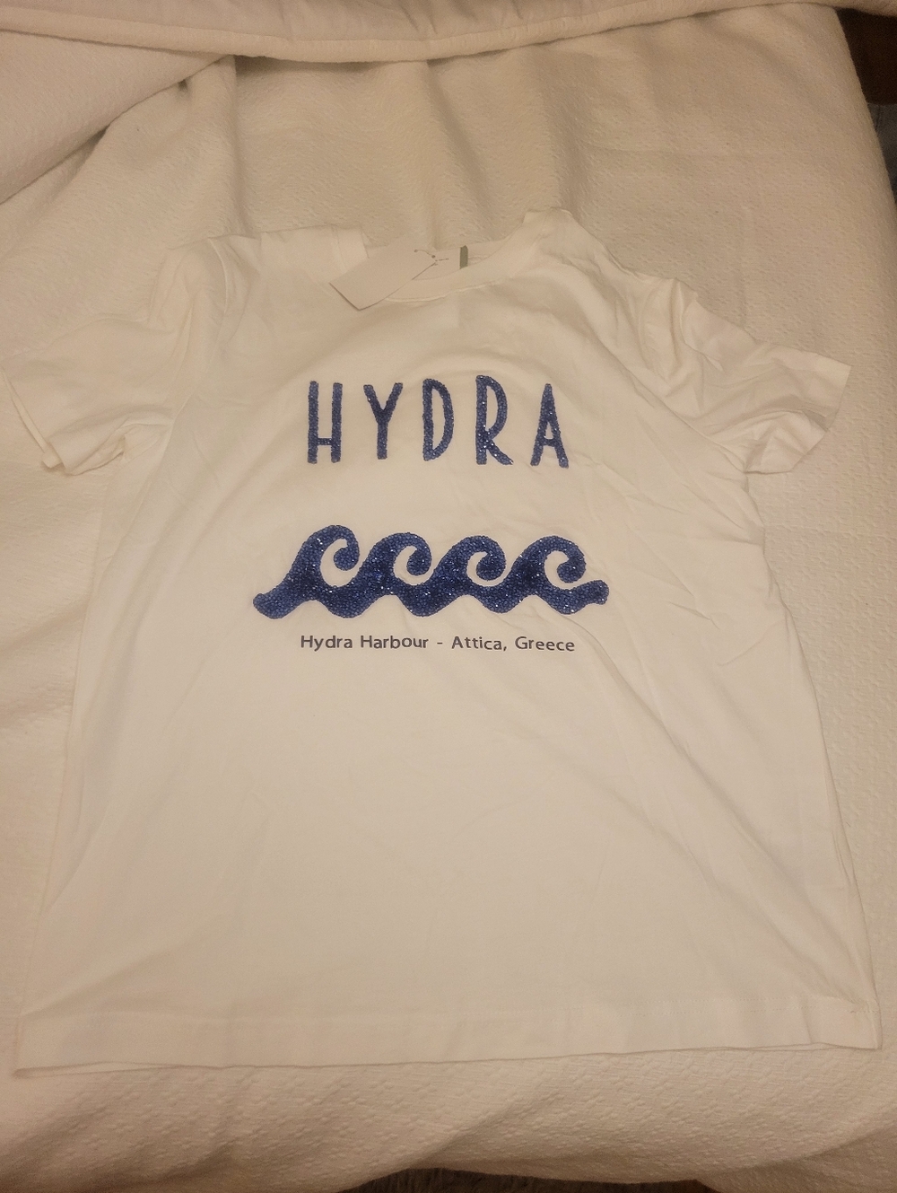 H&M White Tee with Blue Text Embellishment